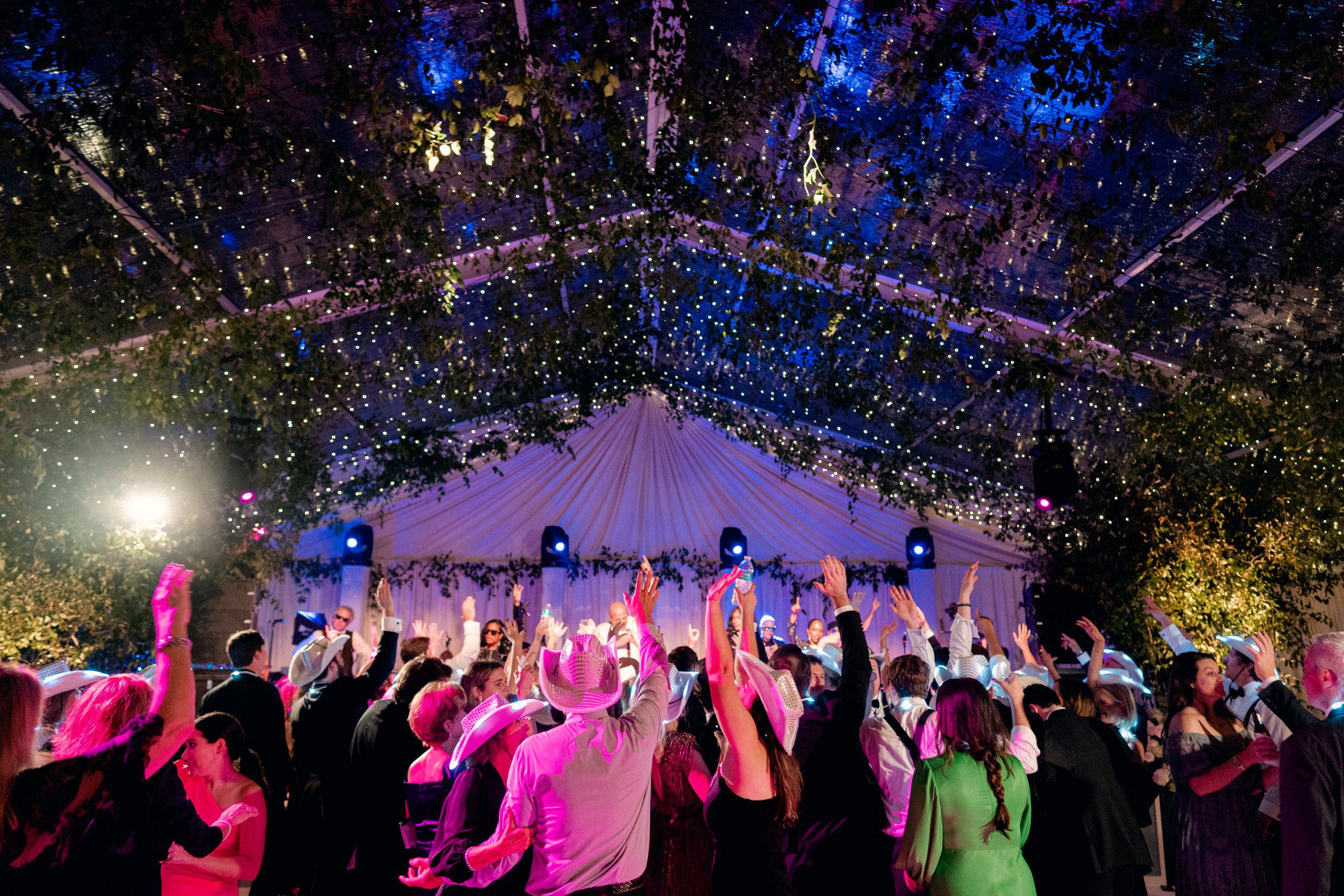 Interior view of a lively party tent featuring a transparent roof decorated with fairy lights and hanging greenery for night celebrations.