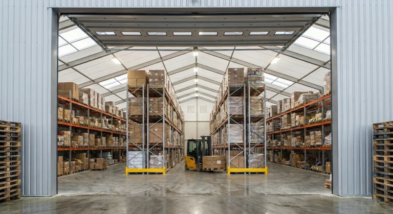 Large clear span warehouse tent interior with tall pallet racks, a forklift, and a wide roller door.