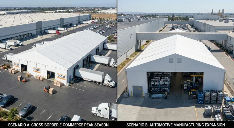 Clear span warehouse tents featuring truck loading docks and automotive manufacturing storage.