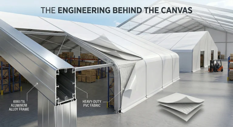 Cutaway diagram of an industrial tent detailing the 6061/T6 aluminum frame and heavy-duty PVC.