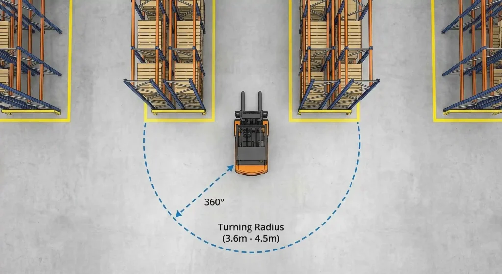 Top-down diagram of a 3.6m to 4.5m forklift turning radius between storage tent pallet racks.