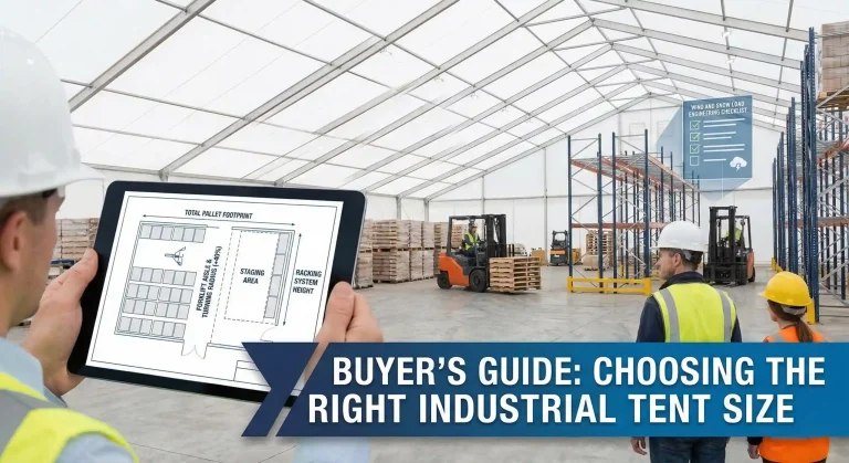 Worker holding a tablet with a floor plan inside a clear span industrial warehouse tent.