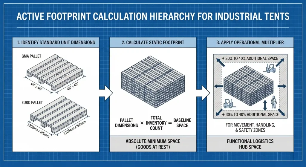 Blueprint infographic showing footprint calculation steps for industrial warehouse tents.