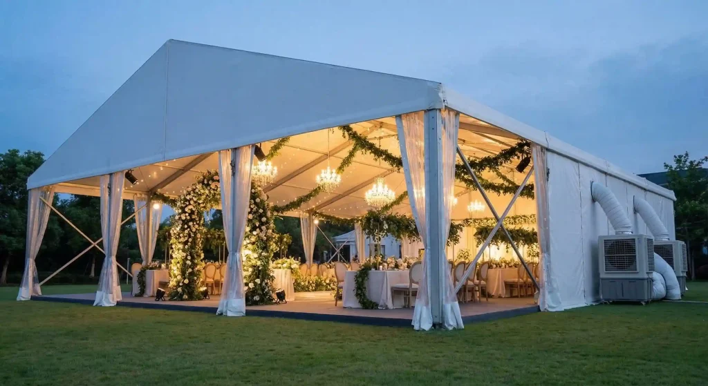 Clear span event tent with elegant wedding decor and external HVAC climate control units.