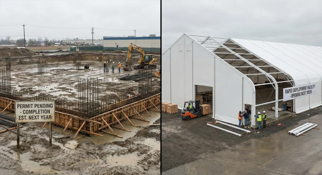 Side-by-side view of a delayed construction pit and a fast-built clear span warehouse tent.