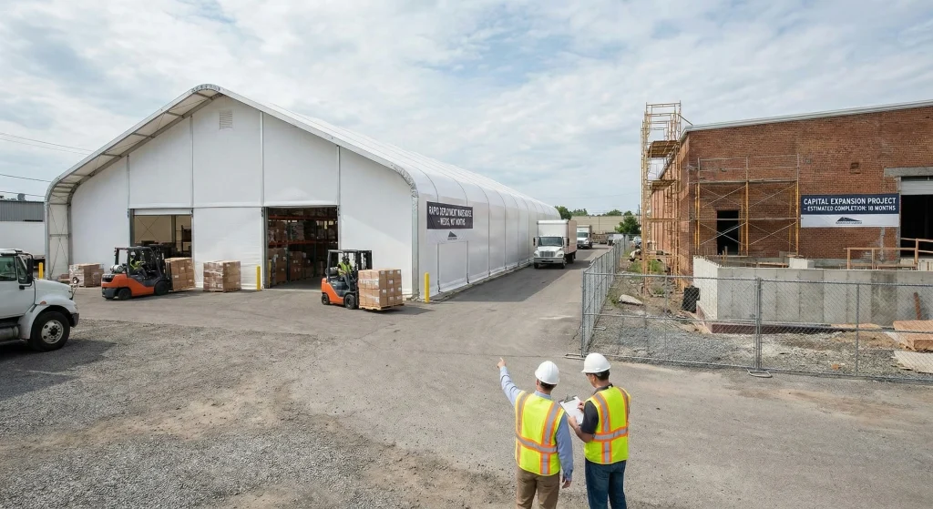 Engineers viewing an active rapid deployment warehouse tent next to a brick construction site.