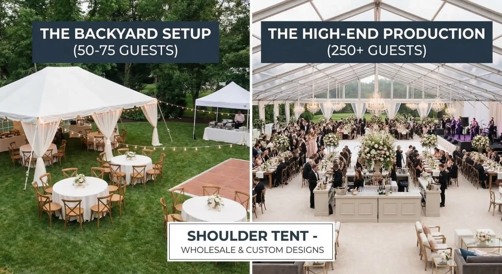 Side-by-side view of a basic backyard tent and a high-end clear roof event tent.